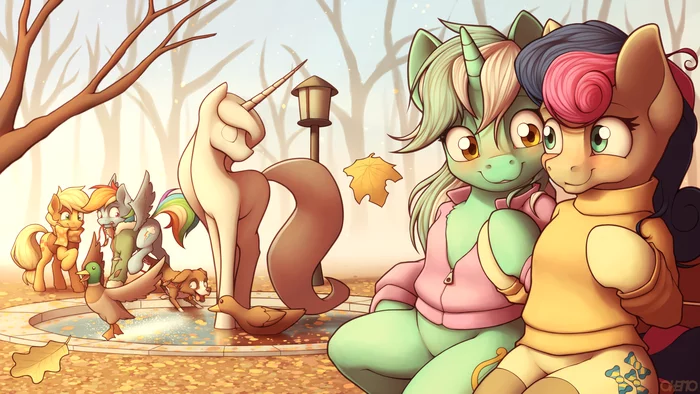 В парке - My Little Pony, PonyArt, Lyra Heartstrings, Bon Bon, Applejack, Rainbow Dash, MLP Lesbian, Шиппинг, Winona, Ohemo