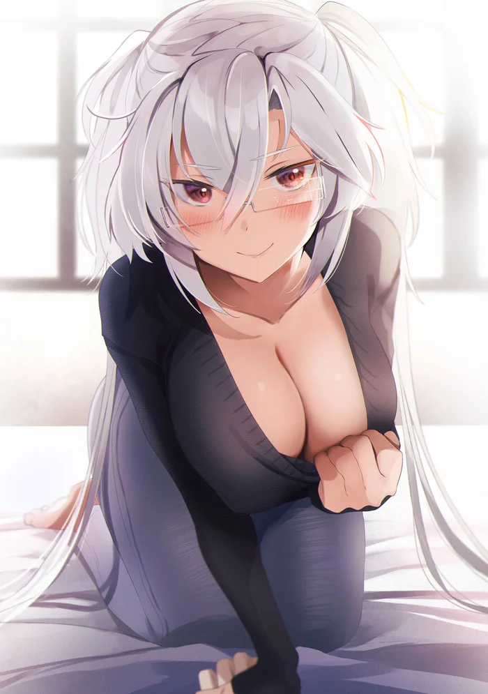 Do you think you can escape? - Kantai collection, Musashi, Anime, Anime art, Boobs, Glasses, Yunamaro