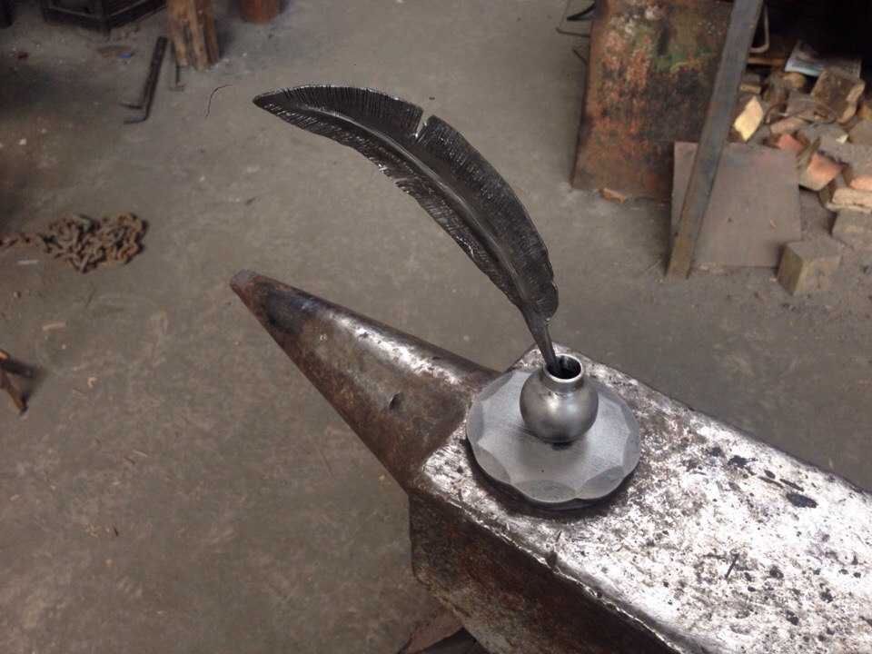 Forged inkwell and feather - My, Forging, Inkwell, Feather, , Handmade, Metal, Forge, Longpost