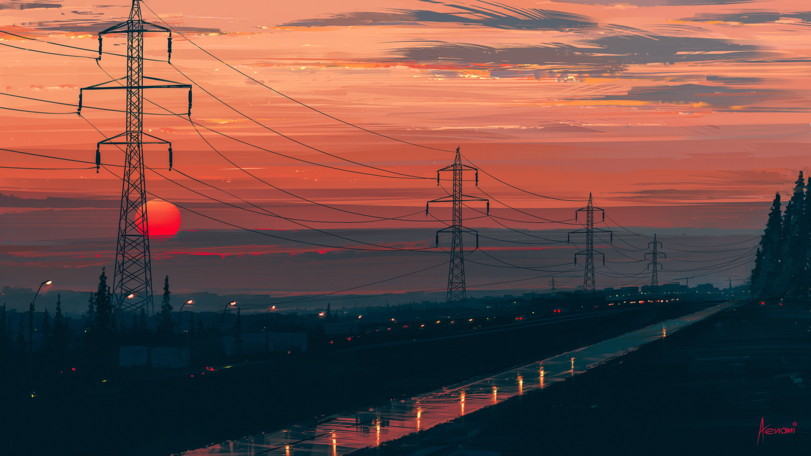 Закат by aenami - Арт, ЛЭП, Закат, Alena Aenami