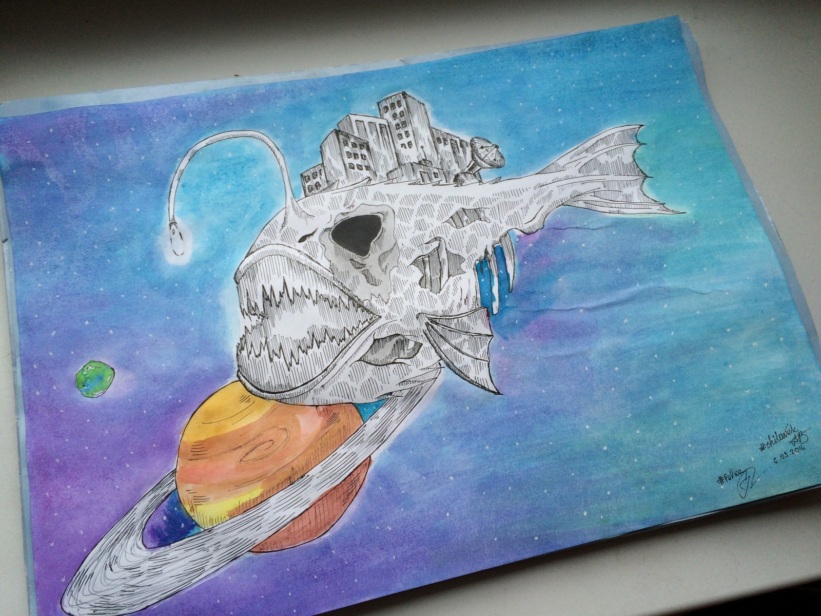 The work of #chilavek and #polka not a piranha - My, Drawing, Watercolor, Pen drawing, Space, Town