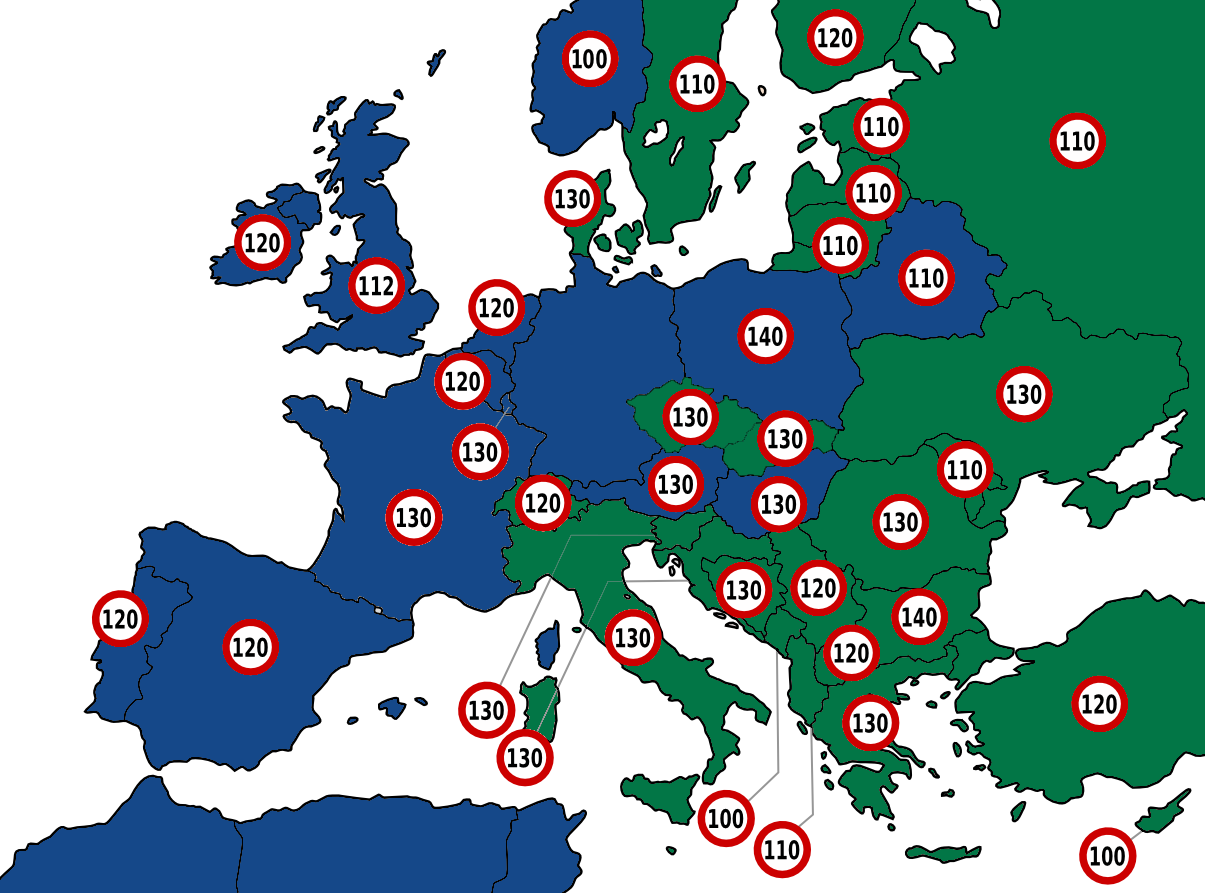 Expressway sign color and maximum speed limit in European countries - Auto, Europe, Road, Highway, Speed ??mode