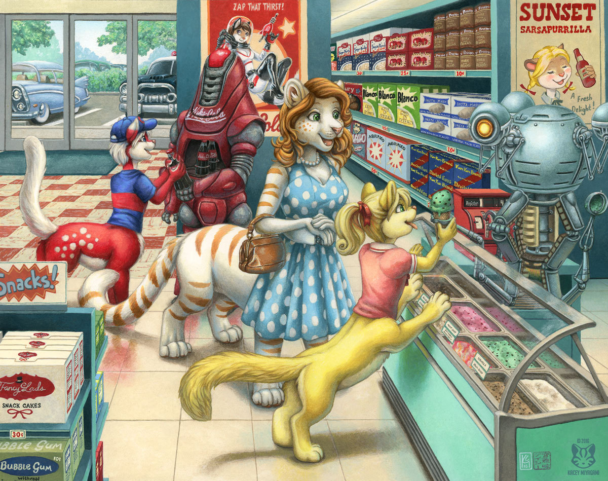 Chakats in the supermarket - Kacey Miyagami, Furry, Art, Supermarket, Chakat, Fallout, Robot, Retro