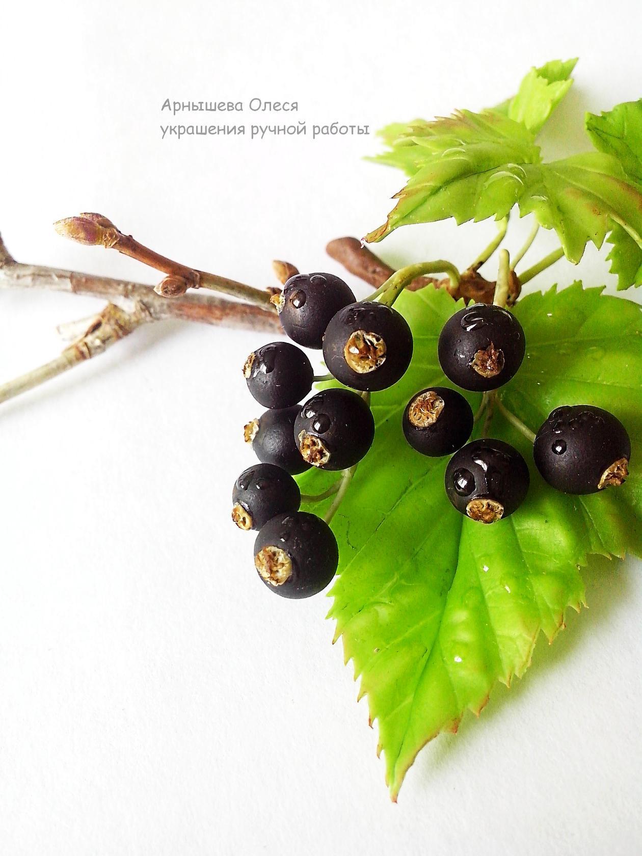 Brooch with blackcurrant berries handmade. - My, Polymer clay, Handmade, Cold porcelain, Brooch, With your own hands, Decoration, Лепка, Blackcurrant, Longpost