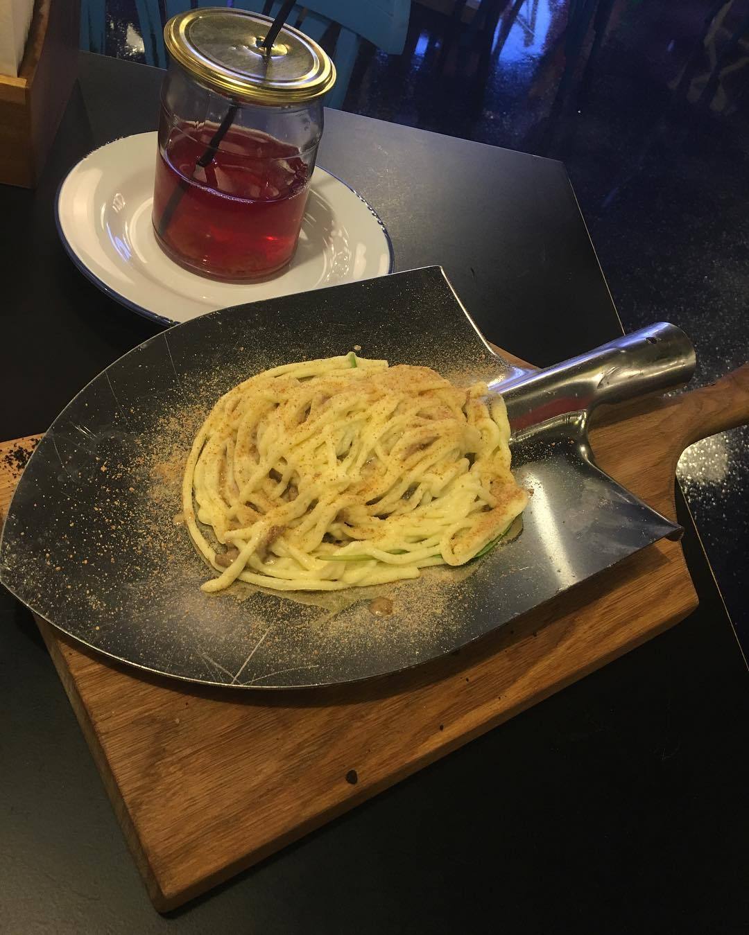 Didn't want beef stroganoff on a shovel? - A restaurant, beef stroganoff, Shovel