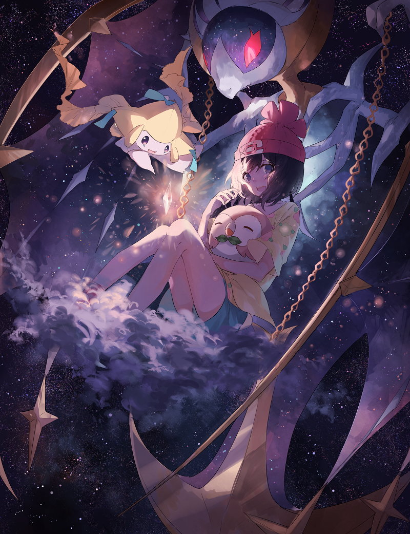 Swing around the Universe - Аниме, Anime Art, Покемоны, Female Protagonist, Lunala, Rowlet, Jirachi, Kane