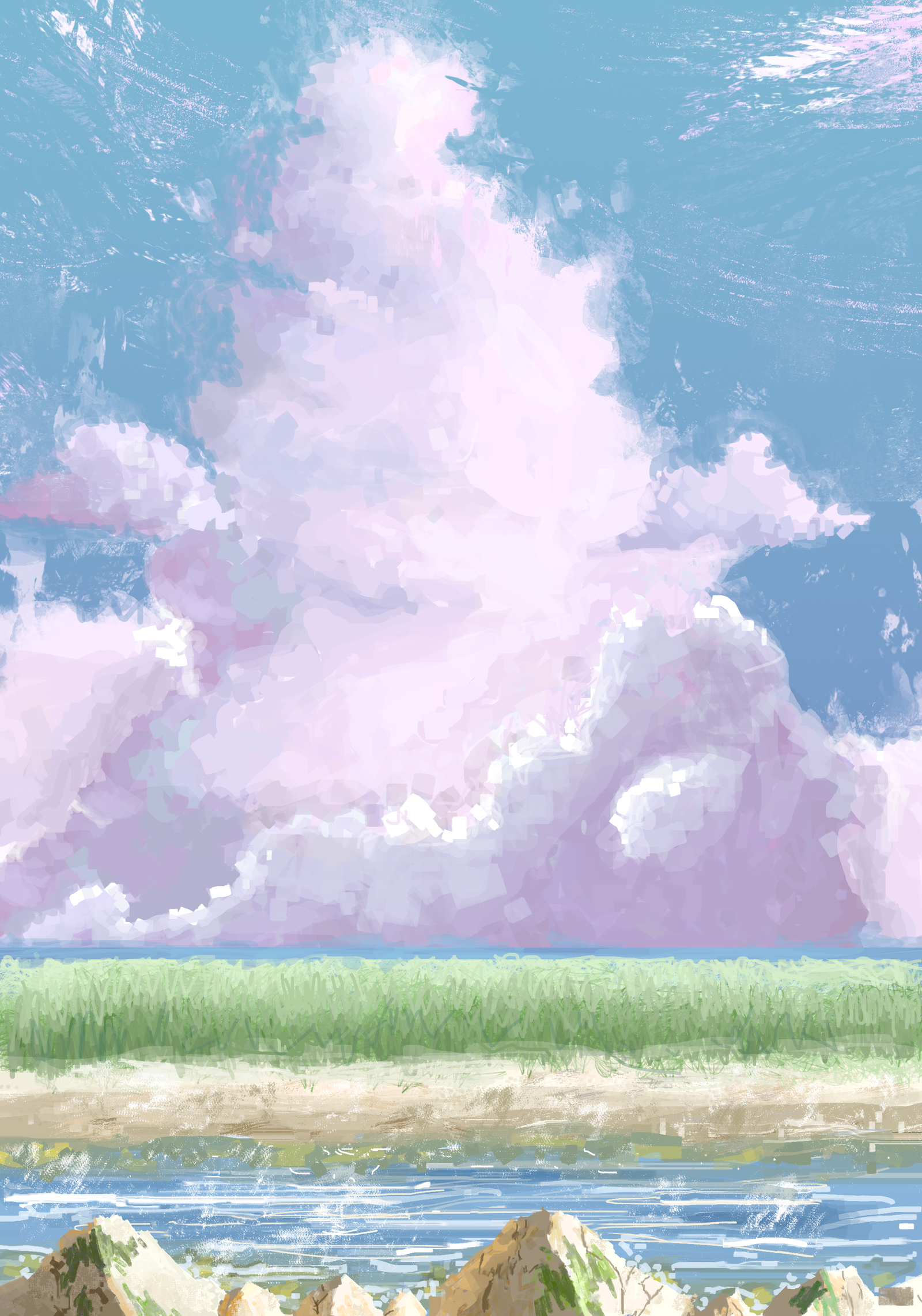 Under the cover of Heaven. - My, Xtdr, Drawing, Daub, Field, River, Shore, Clouds, Sky, Longpost