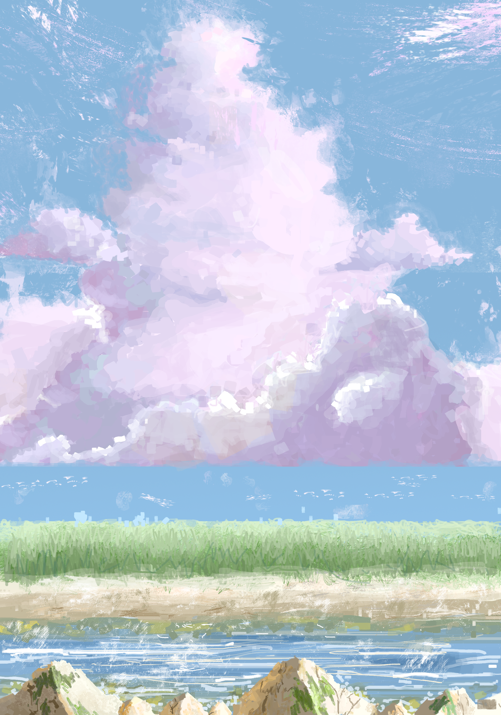 Under the cover of Heaven. - My, Xtdr, Drawing, Daub, Field, River, Shore, Clouds, Sky, Longpost