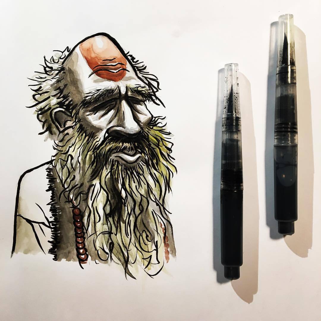 Doctor Parnassus and his daughter Valentina - My, Sketch, Drawing, Watercolor, Mascara, Inktober, , The Imaginarium of Doctor Parnassus