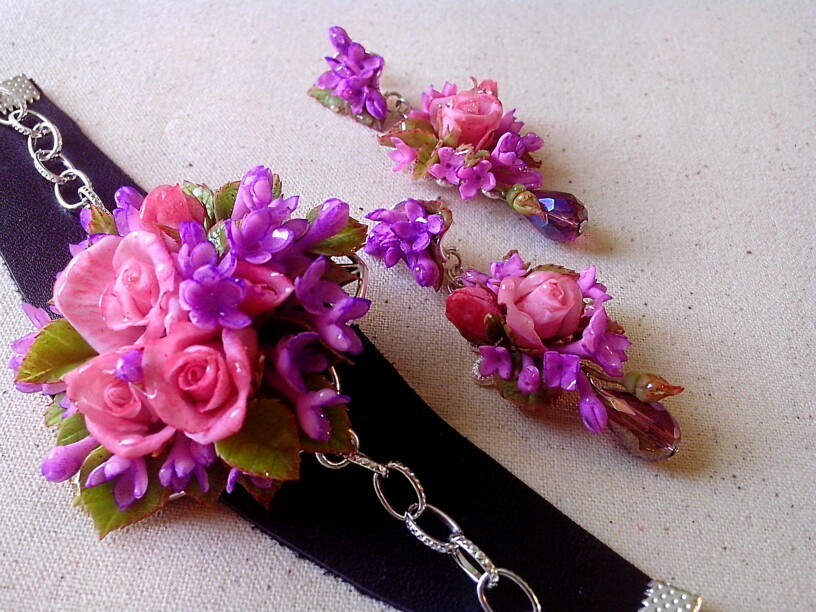 A set of handmade jewelry made of polymer clay. Roses and lilacs. - Decoration, Polymer clay, the Rose, Lilac, A bracelet, Earrings, Handmade, Bijouterie, Longpost