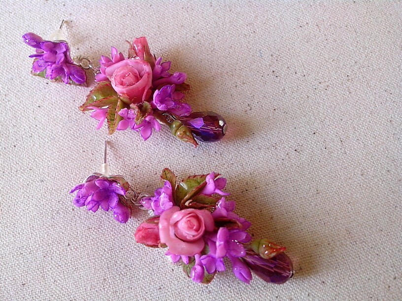 A set of handmade jewelry made of polymer clay. Roses and lilacs. - Decoration, Polymer clay, the Rose, Lilac, A bracelet, Earrings, Handmade, Bijouterie, Longpost