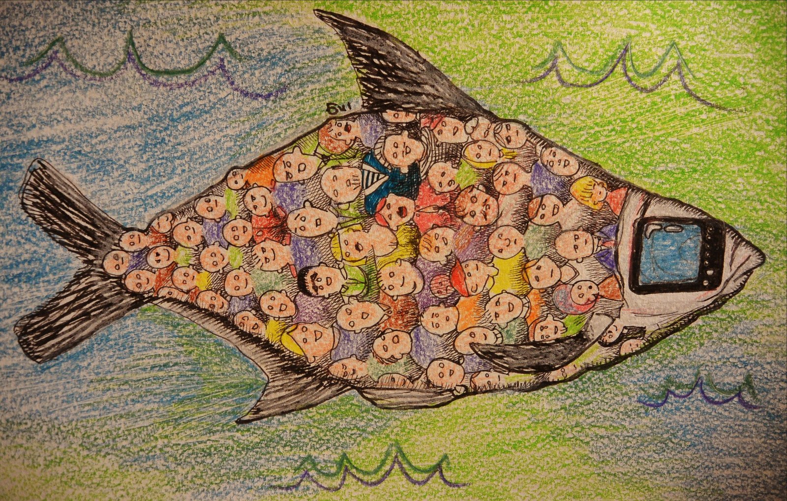 Phantasmagoric bream. - My, Drawing, Colour pencils, Bream, Sketch, Society, People, Lecture hall, Scales