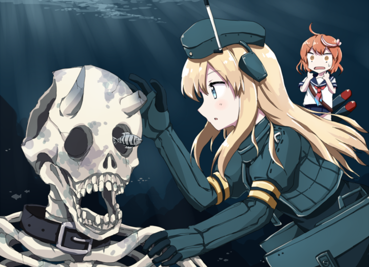 Brave U-511 examines the skeleton of an unknown horseradish - u-511, Skeleton, Unknown crap, Kantai collection