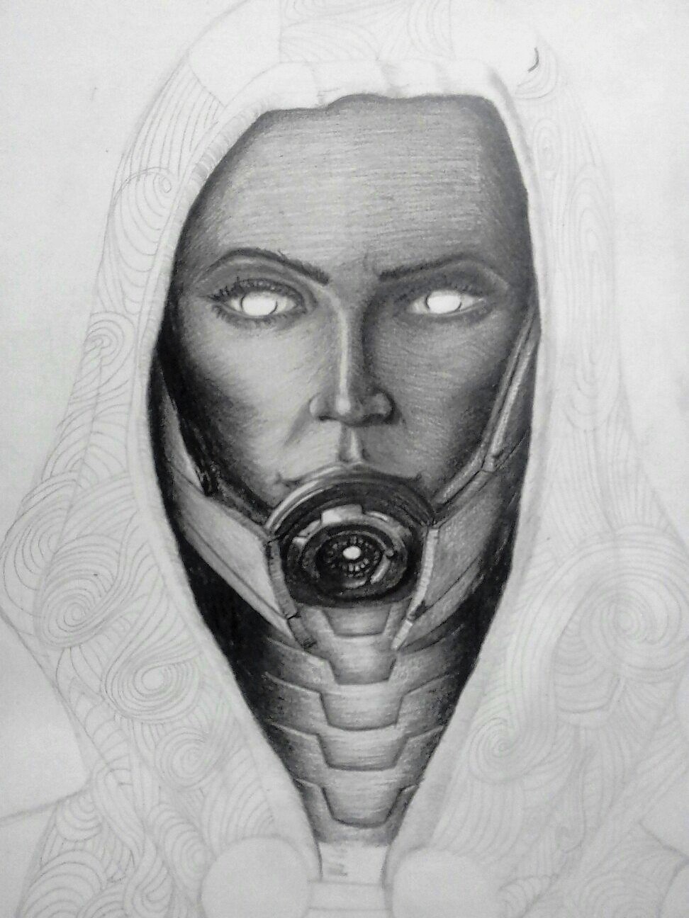 Tali'Zorah (Sorry for the quality of the photos (j1 mini), I really wanted to vy.../share) - My, Mass effect, Pencil drawing, Hobby, Longpost