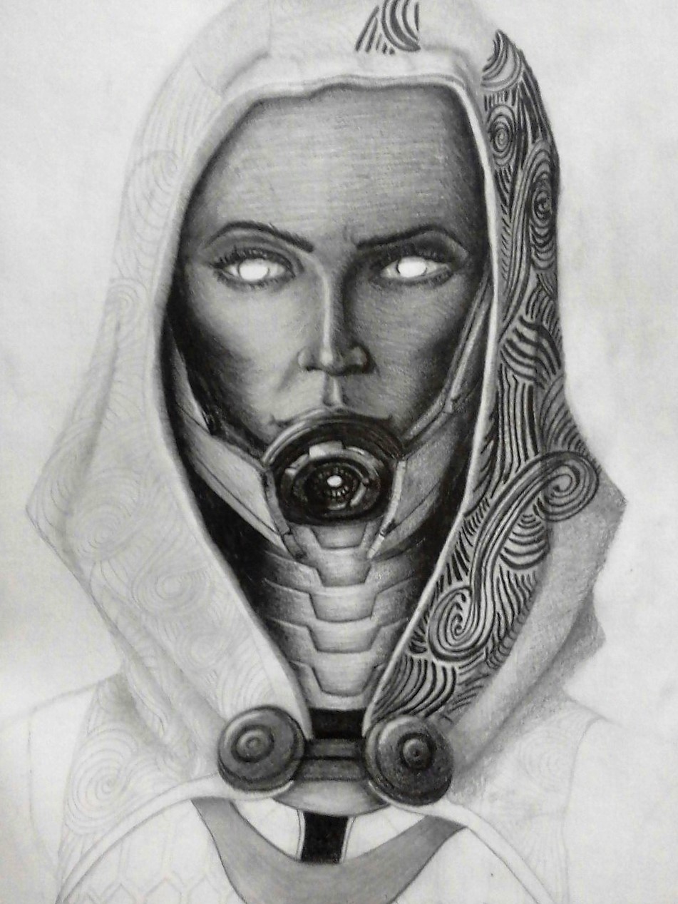 Tali'Zorah (Sorry for the quality of the photos (j1 mini), I really wanted to vy.../share) - My, Mass effect, Pencil drawing, Hobby, Longpost