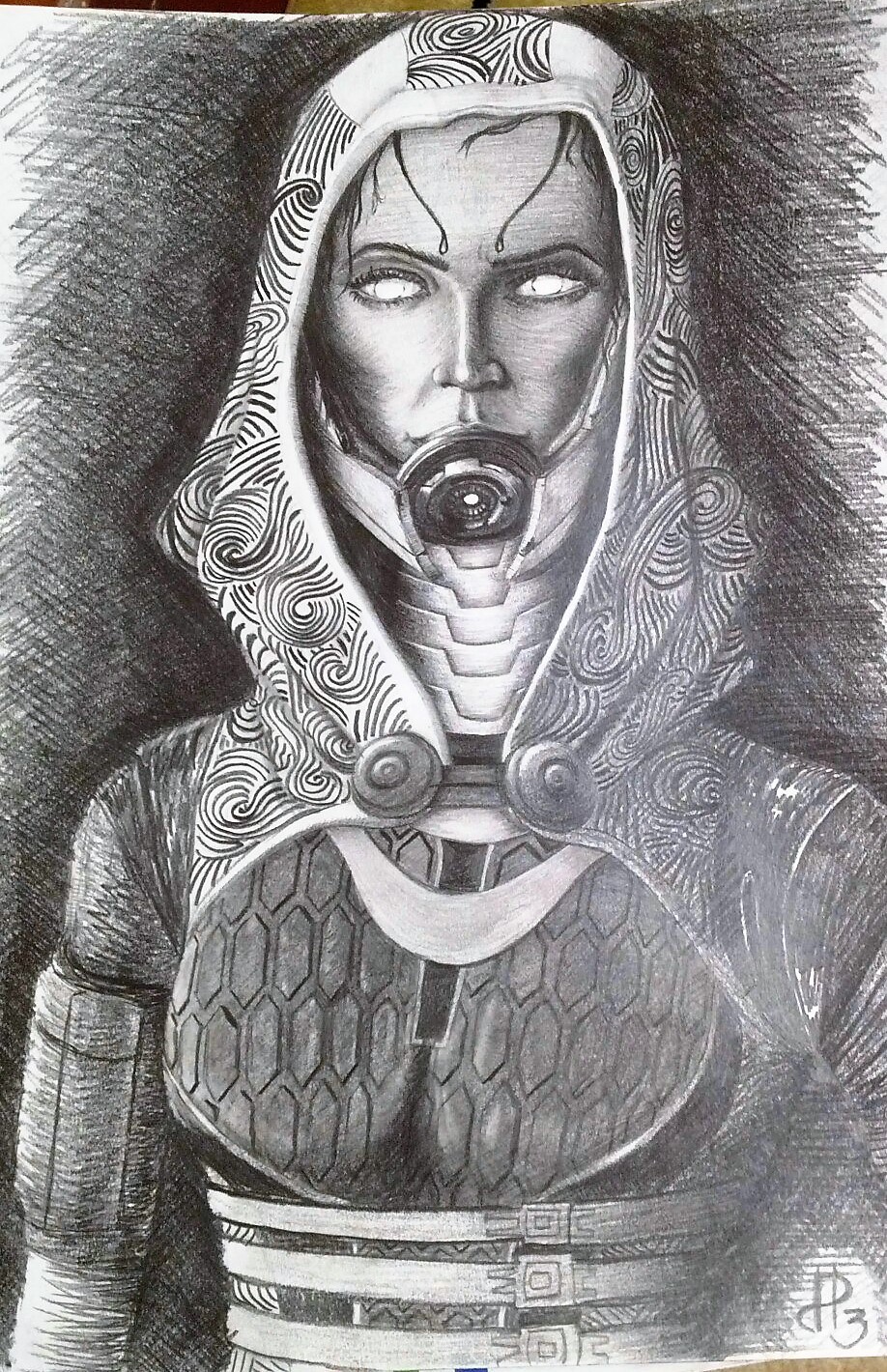 Tali'Zorah (Sorry for the quality of the photos (j1 mini), I really wanted to vy.../share) - My, Mass effect, Pencil drawing, Hobby, Longpost