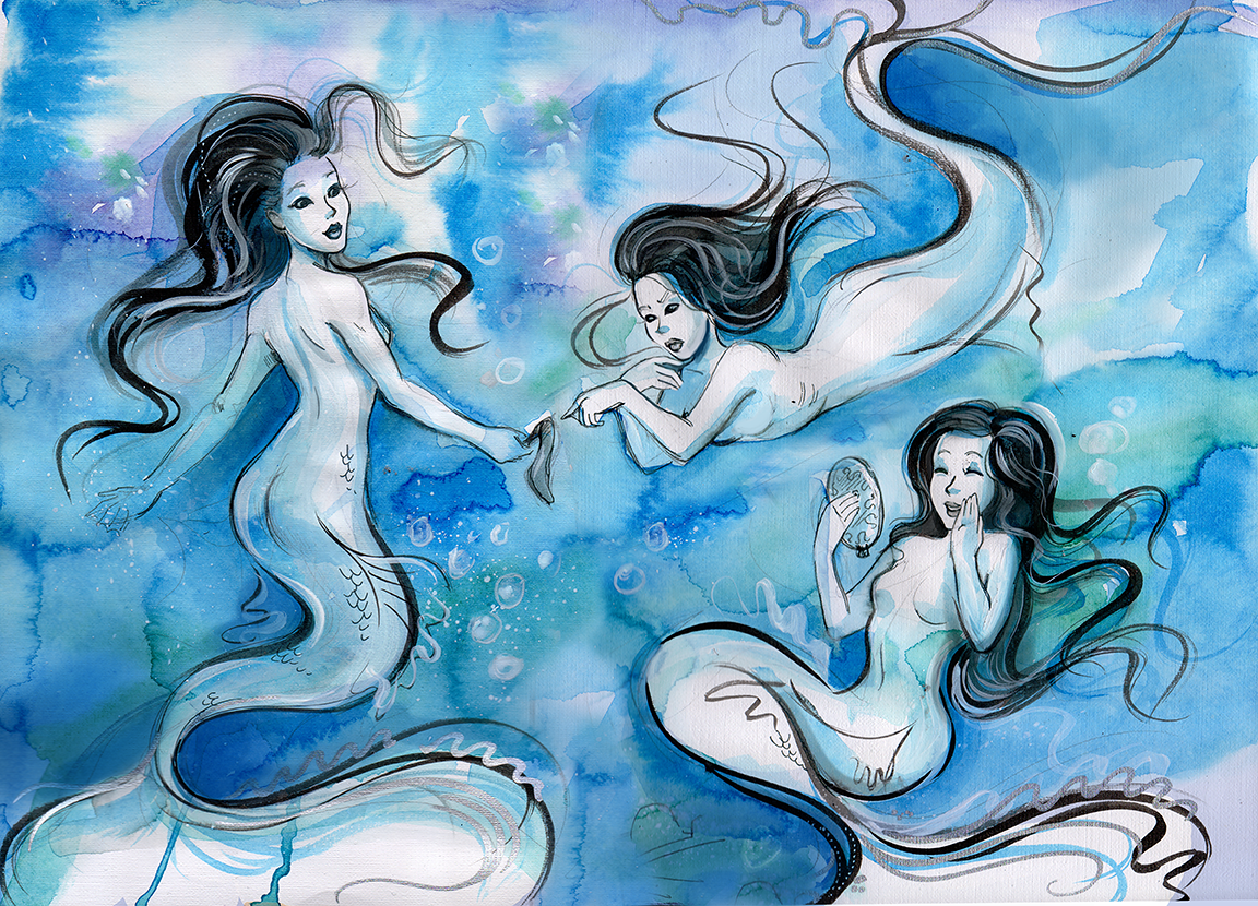 Mermaids, snake and bird) - My, Longpost, Mascara, Watercolor, Pencil