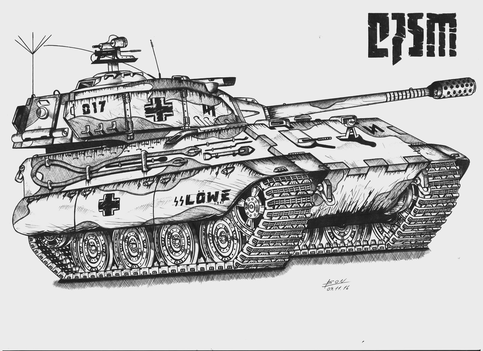 Работа над ошибками Е-75М Версия 2.(скан) - Моё, Рисунок ручкой, Танки, Германия, World of Tanks, Арт, Военная техника