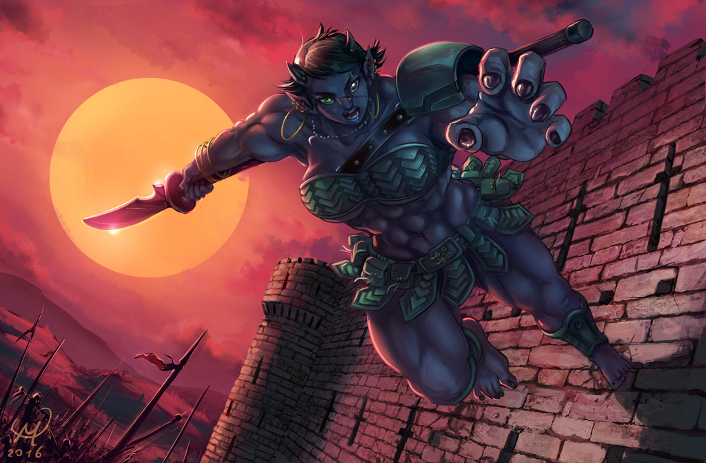 Night during Sunset - Maxa-Art, Art, Strong girl, Monster girl, Demoness, Sleep-Sleep, Fantasy, Warrior