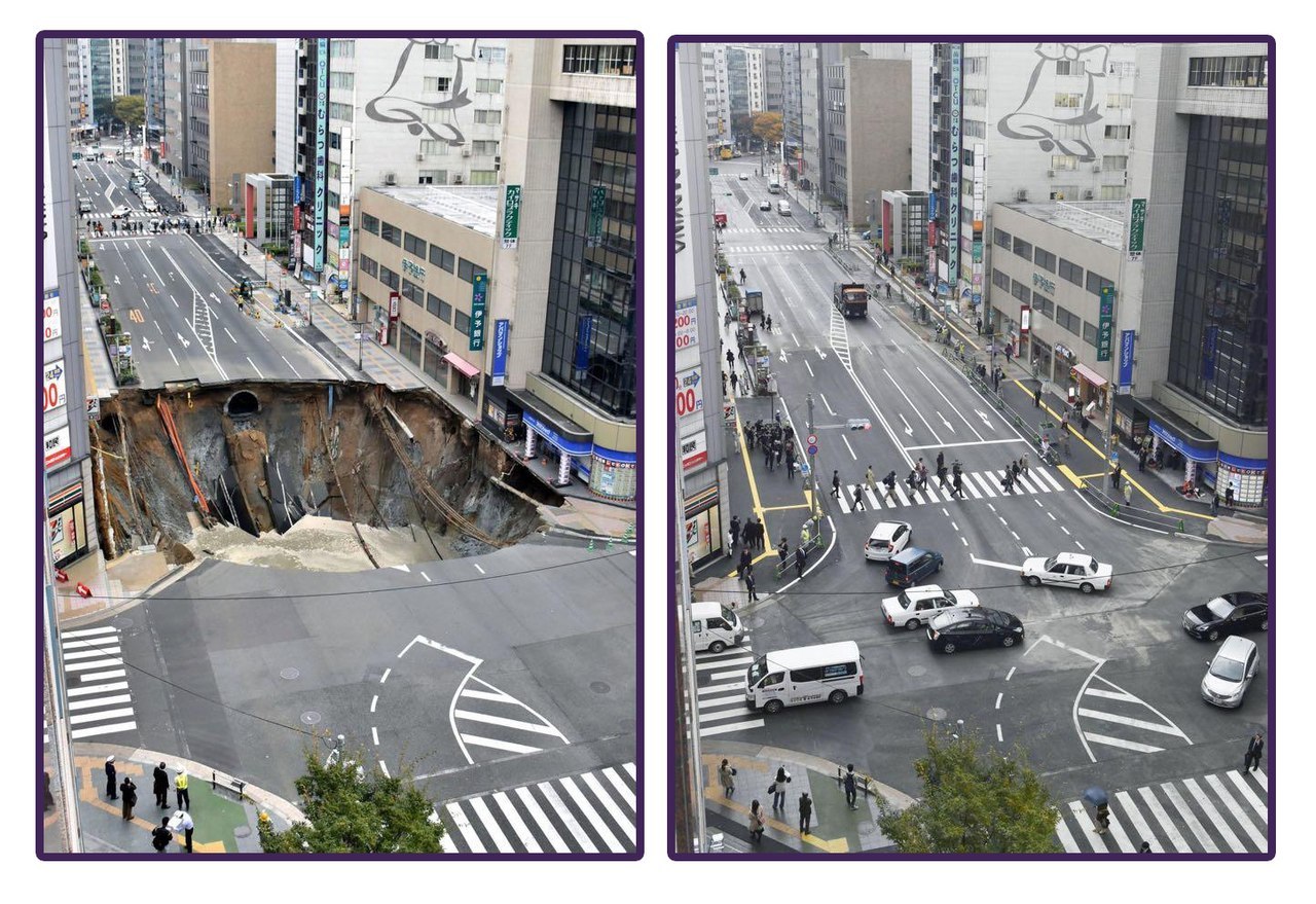 In Japan, a huge road pit with a diameter of 30 meters was repaired in a week. Also proof in the form of a video - Japan, Road, In contact with, Video