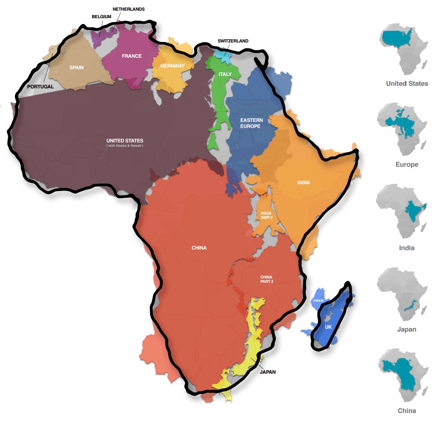 Истинный размер Африки в сравнении с разными странами | Пикабу
