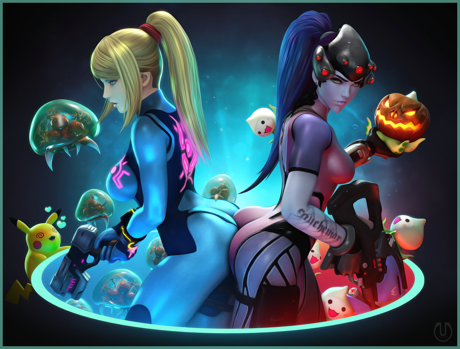 Zero Suit Samus and Widowmaker - Urbanator, SFM, Кроссовер, Widowmaker, Overwatch, Samus Aran, Metroid, Попа