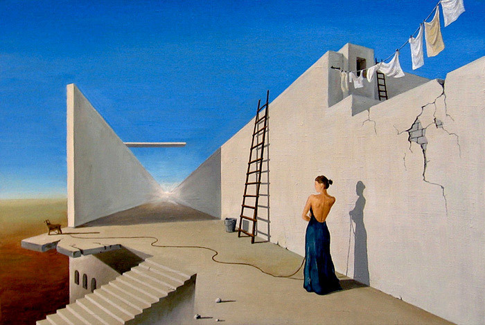 My picture. 2010, LADY WITH A DOG, oil on canvas, 68 x 55 cm. - My, Painting, Painting, Stairs, Dog