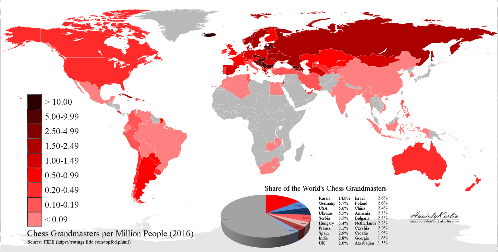 Количество гроссмейстеров на 1 млн. жителей страны. - Карты, Шахматы, Гроссмейстер, Интересное