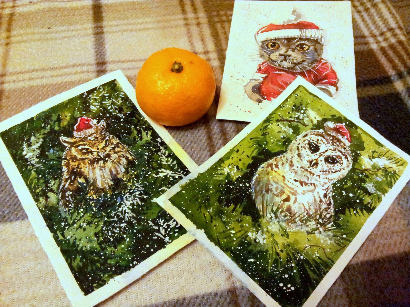 New Year's cards - My, Creation, Art, Watercolor, Postcard, cat, Owl, New Year