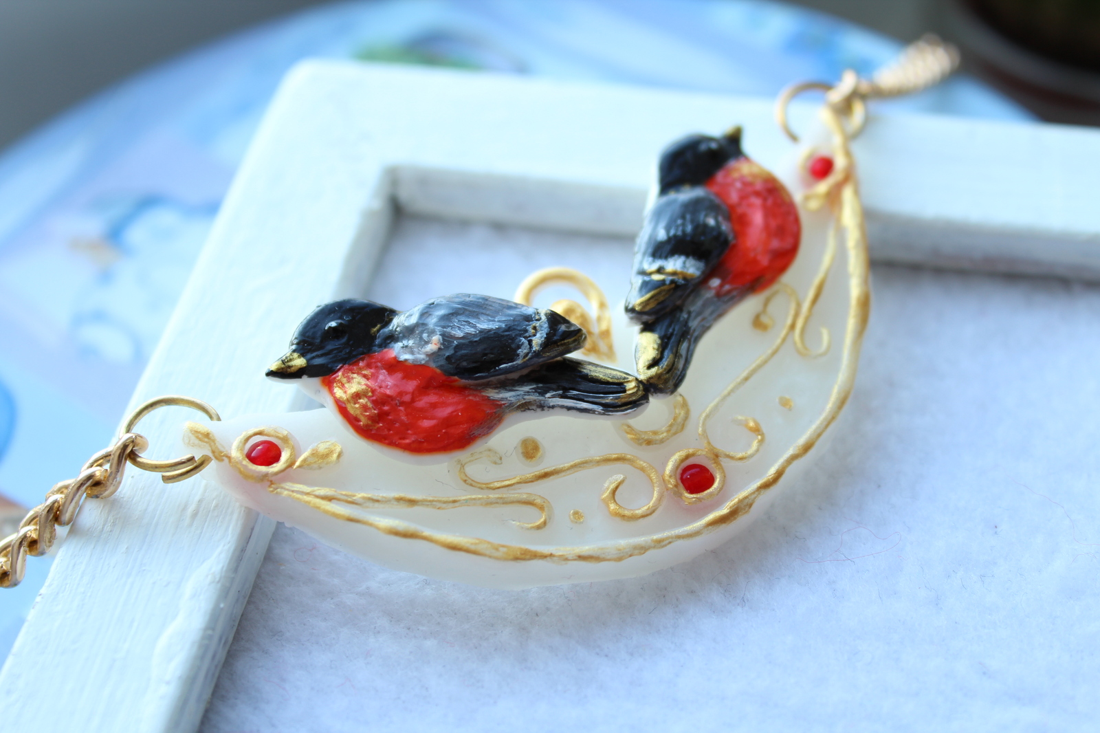 Necklace Bullfinches made of polymer clay - My, Polymer clay, Clay, Painting, Handmade, 