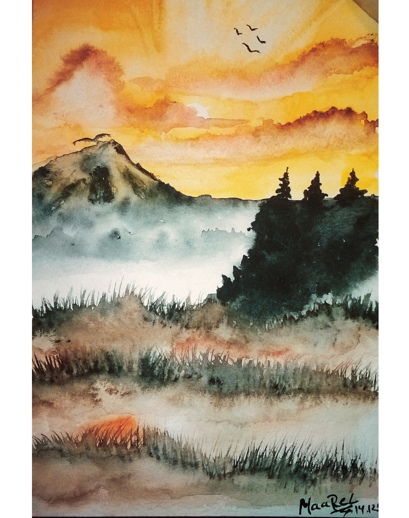 From fields to mountains - My, Art, Fog, The mountains, Watercolor, My, Field, dawn, Sunset