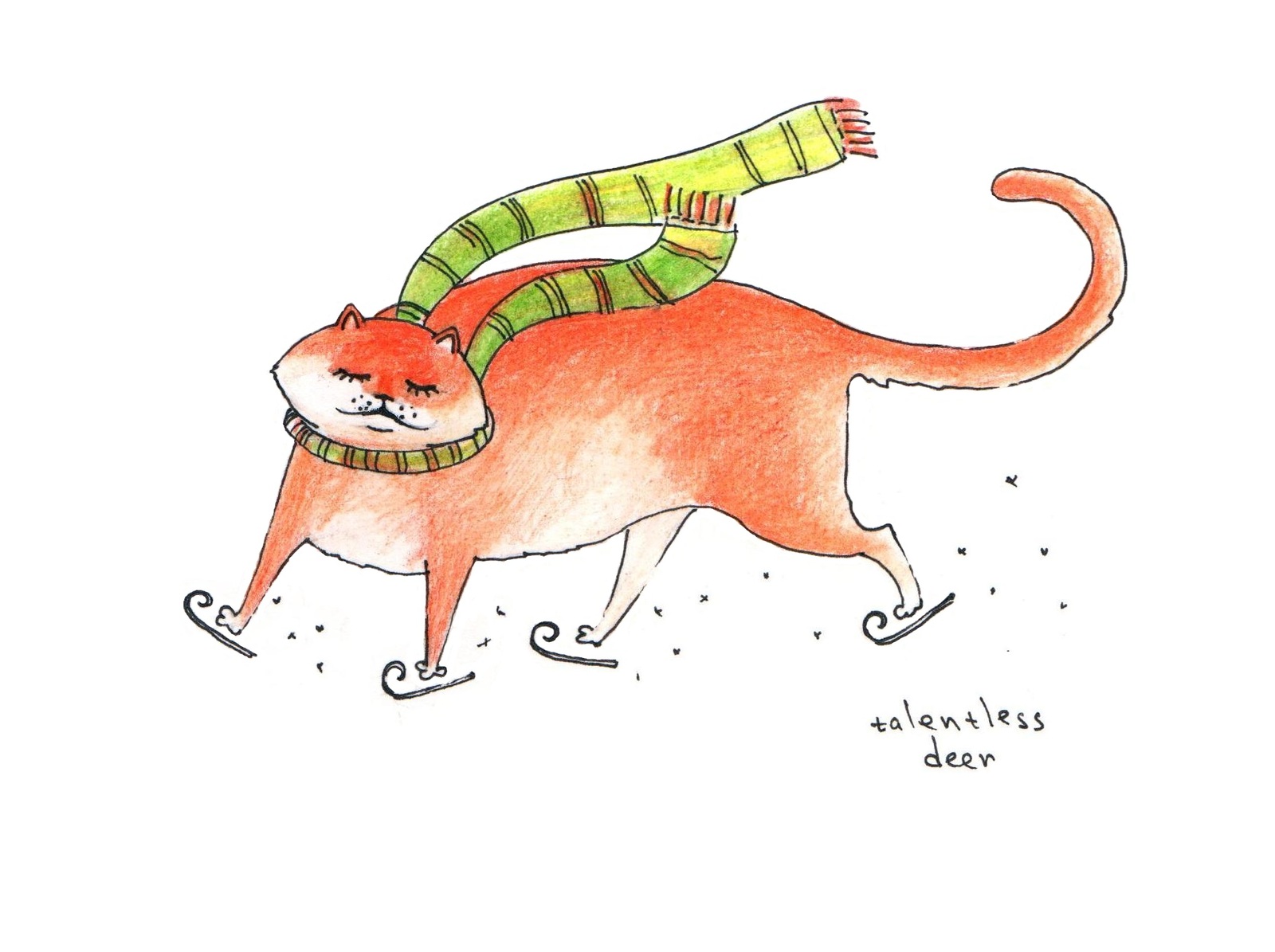 Watercolor pencils - My, cat, Winter, New Year, Skates, Illustrations, Colour pencils, Art, Drawing