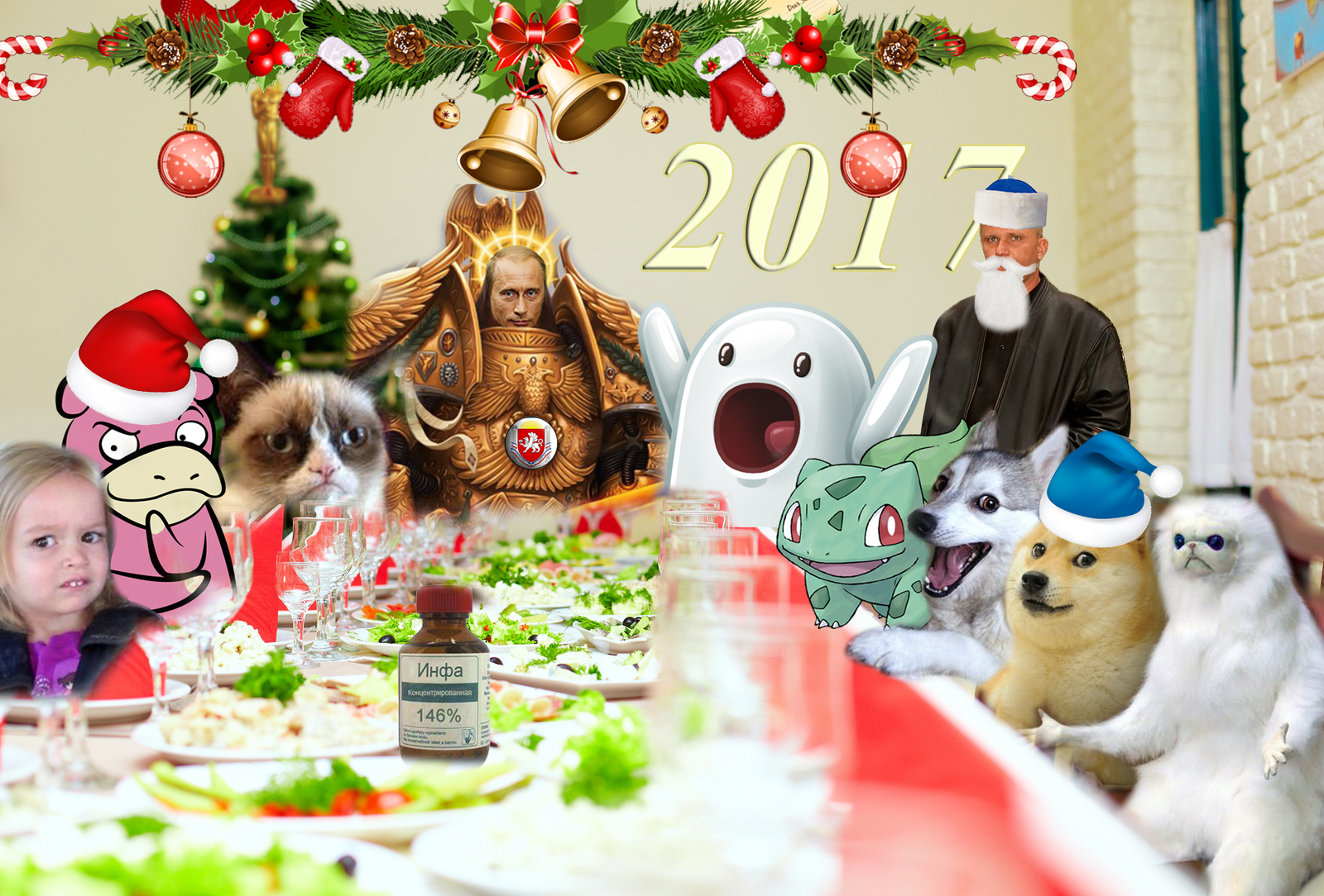 Holiday greetings - My, New Year, Pokemon, Photoshop master, Dog, cat, , Vladimir Putin, Grumpy cat