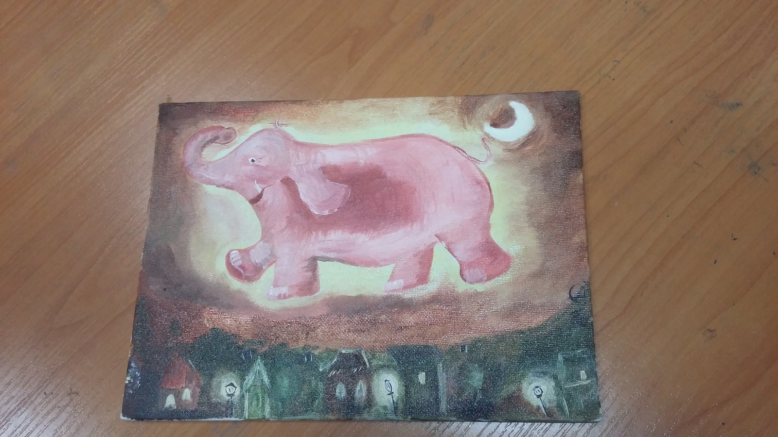 A pink elephant lived above the houses - My, Oil painting, First time, Creation