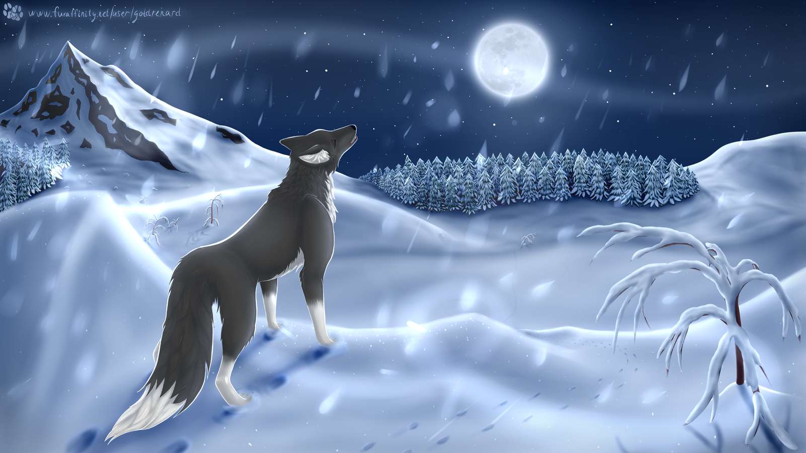 Journey of the Wolf - Feral, Furry, moon, Wolf, Night, Drawing, My, Winter, 