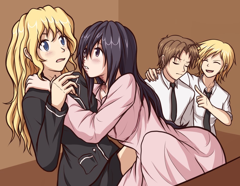 You wouldn't take advantage of a blind girl, would you? - Katawa Shoujo, Lilly Satou, Akira Satou, Hisao Nakai, Hanako ikezawa, Anime Art, Аниме, Не аниме