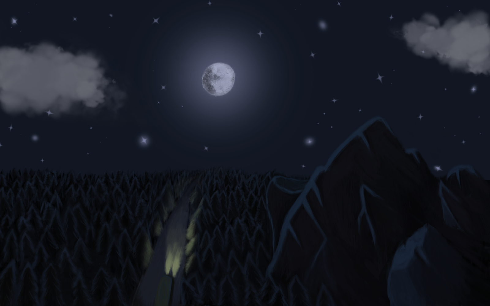 Don't judge too harshly, I'm still learning... - My, Art, moon, The mountains, Forest, Stars, Road