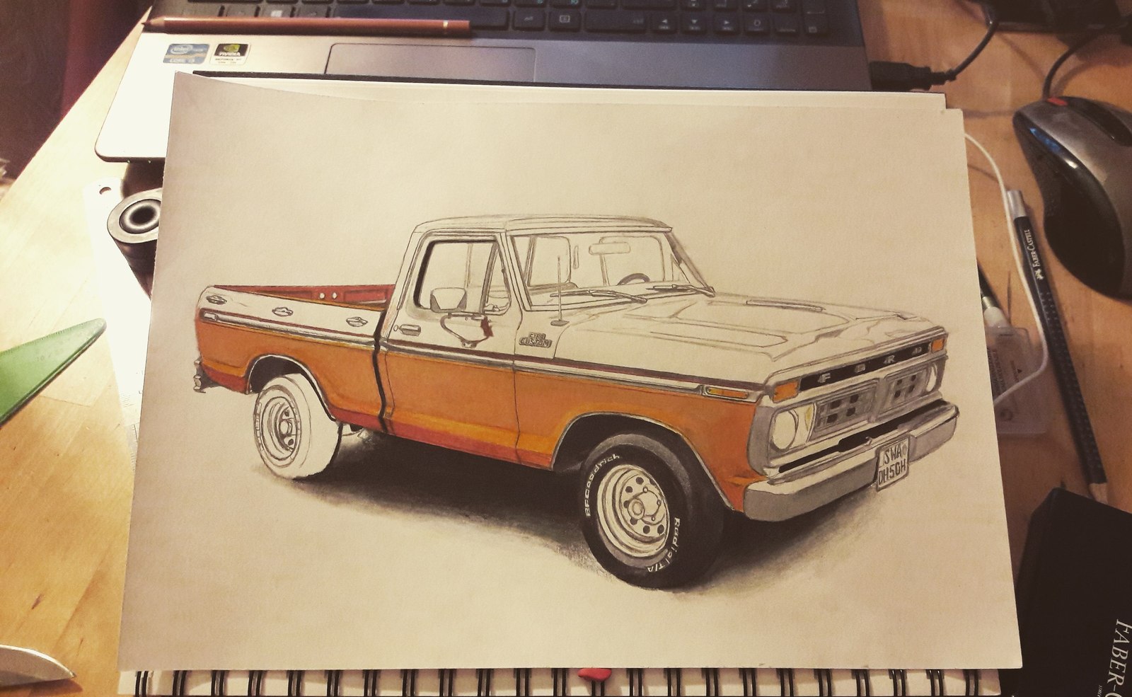 2015 Ford Mustang S550 + 1972 Ford F100 Custom - My, Auto, Car, In contact with, Longpost, Creation, Pencil drawing, Drawing, Art