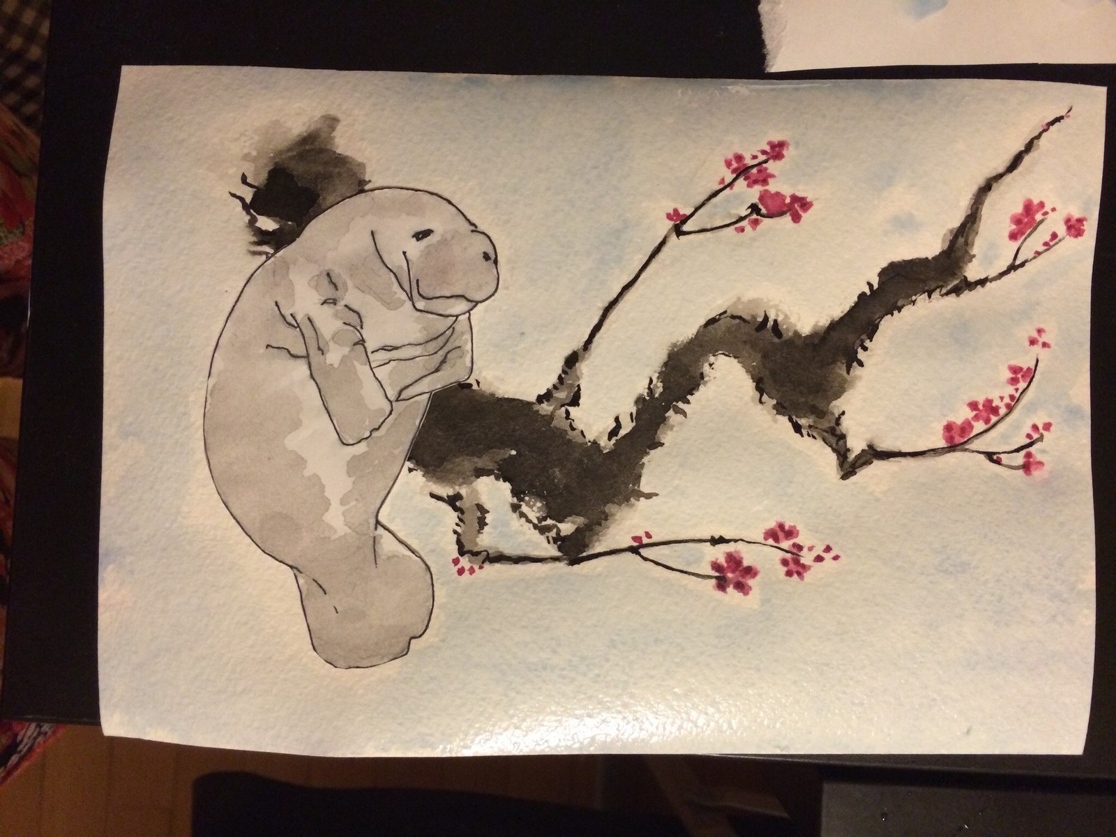 Sat down - My, Watercolor, Drawing, Manatee, Sakura