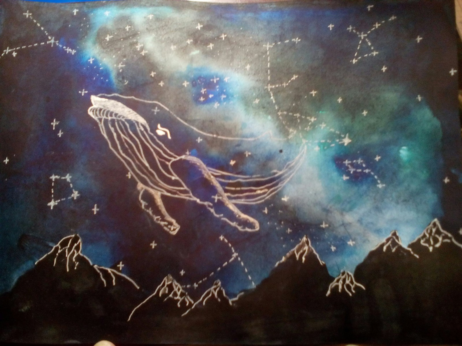 And the whales flew to the peek-a-boo :/ - My, Watercolor, Whale, Space, Constellations