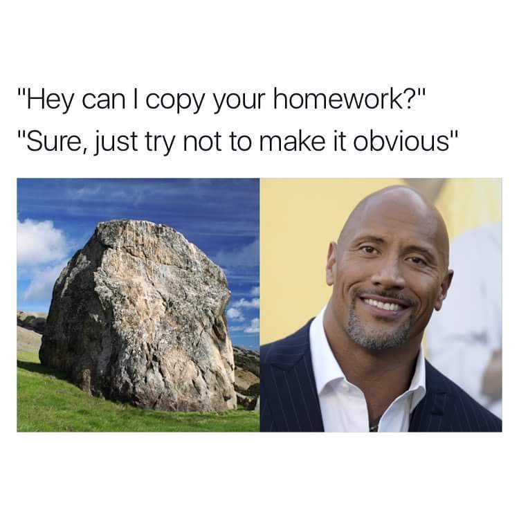 - Hey, can I copy your homework? - Sure, but don't copy everything verbatim. - Dwayne Johnson, The rocks, Memes