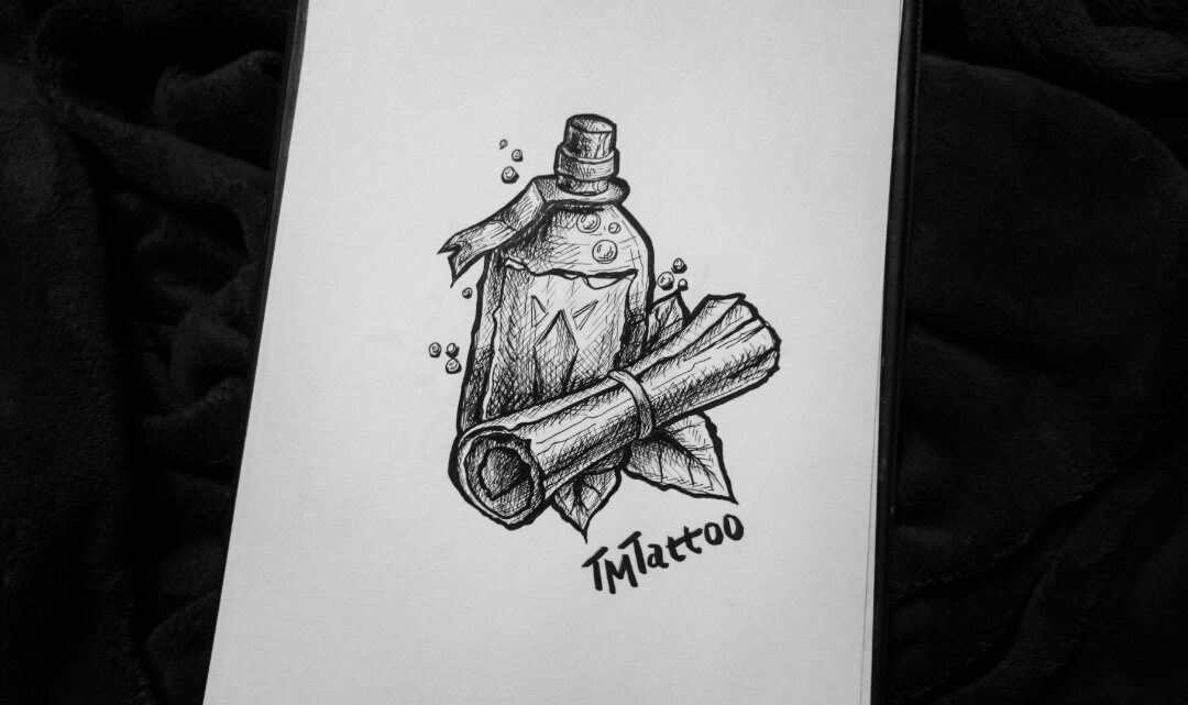 Bottle and Scroll \ Tattoo Ideas - My, , Graphics, Tattoo sketch, Tattoo