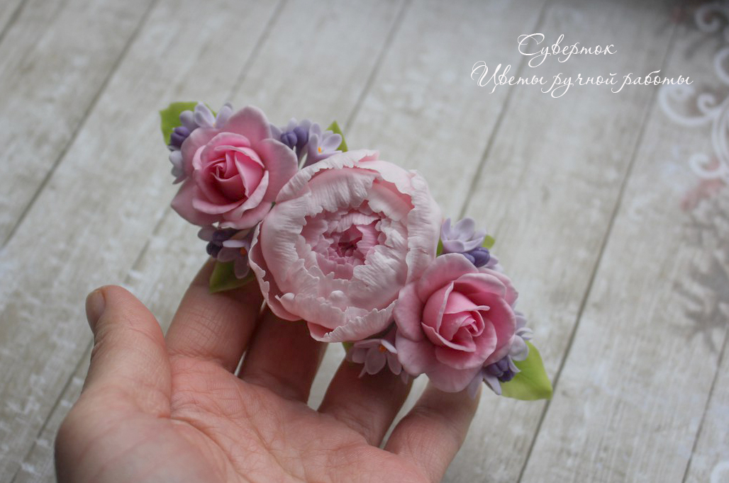 A few more flowers) Peony, roses and lilacs on a hairpin. Handmade from polymer clay. - My, Лепка, Polymer clay, Cold porcelain, Creation, Handmade, With your own hands, Flowers, Peonies, Longpost