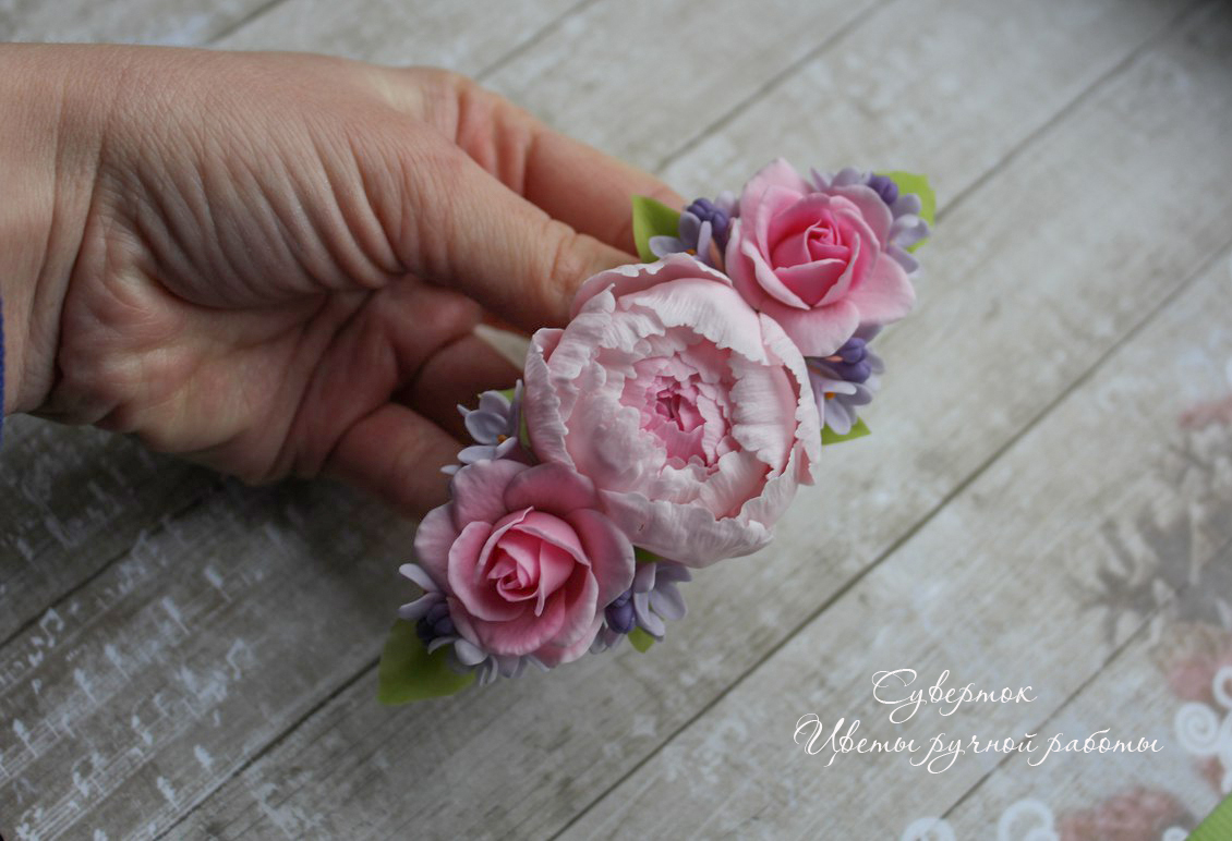 A few more flowers) Peony, roses and lilacs on a hairpin. Handmade from polymer clay. - My, Лепка, Polymer clay, Cold porcelain, Creation, Handmade, With your own hands, Flowers, Peonies, Longpost