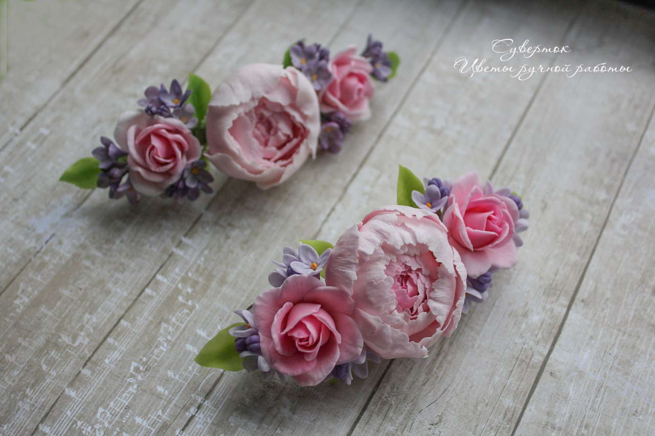 A few more flowers) Peony, roses and lilacs on a hairpin. Handmade from polymer clay. - My, Лепка, Polymer clay, Cold porcelain, Creation, Handmade, With your own hands, Flowers, Peonies, Longpost