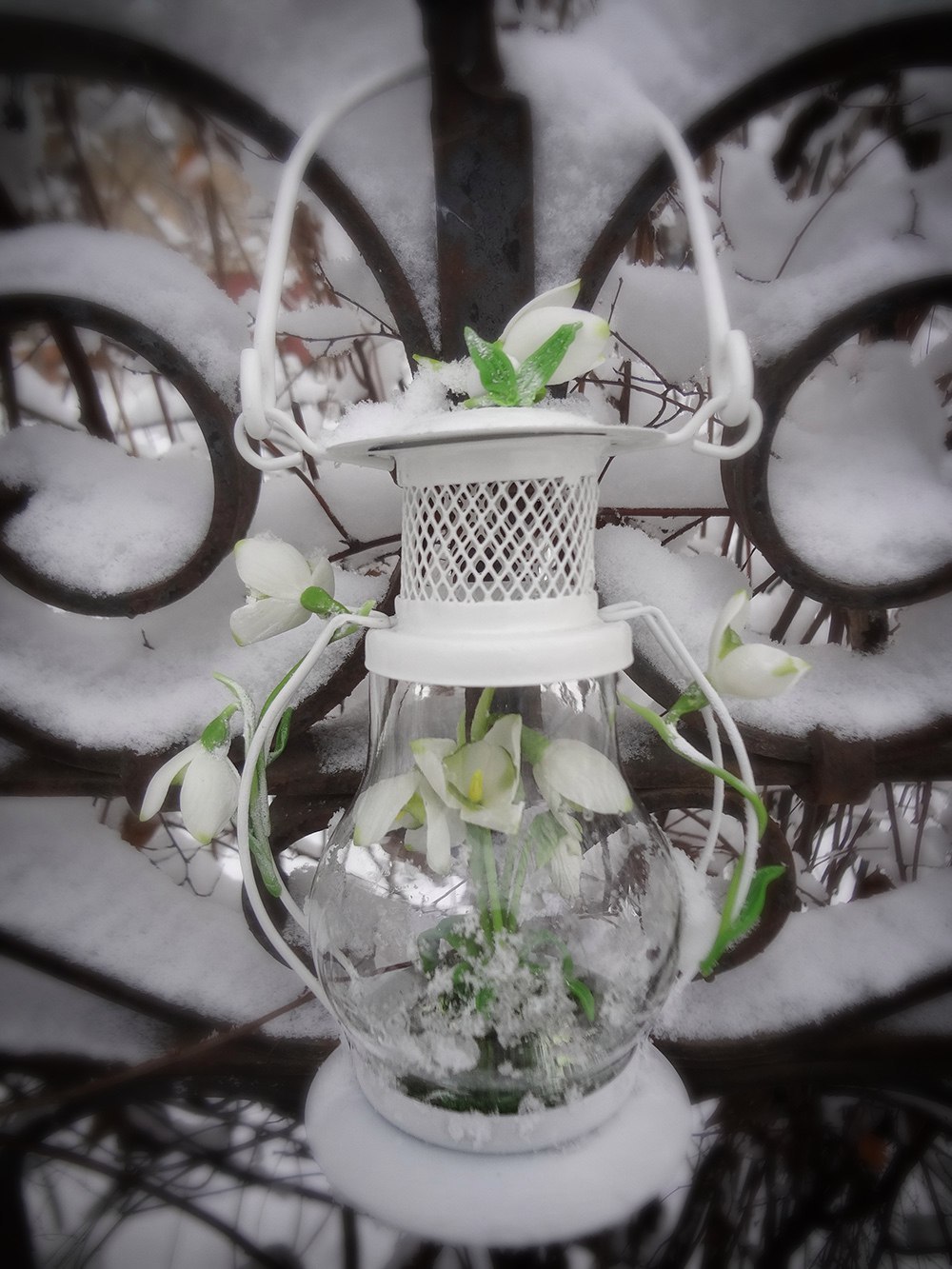 Lantern with snowdrops - My, Polymer clay, Ceramic floristry, My, Snowdrops, Polymer floristry, Flashlight, Friday, Longpost, Snowdrops flowers