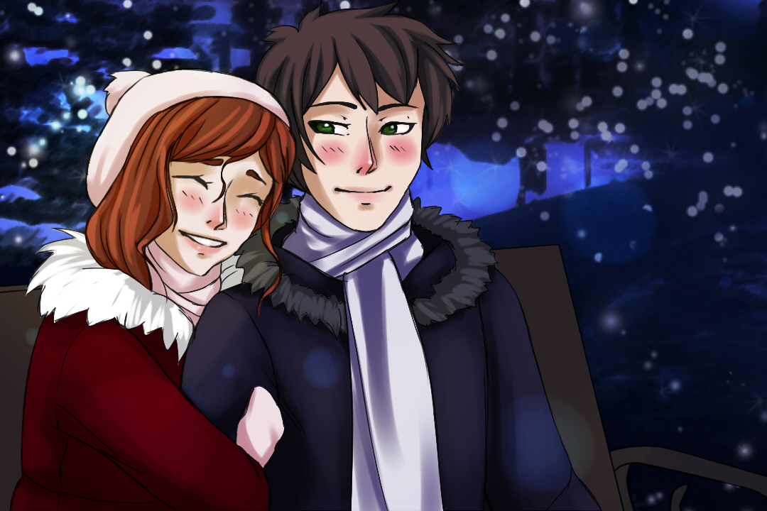 Red New Year - My, , Not anime, Visual novel, Sweet couple, Snow, Evening