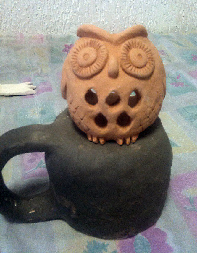 Owl aroma lamp made of clay - My, Ceramics, Owl, Aroma lamp, Glaze, Longpost