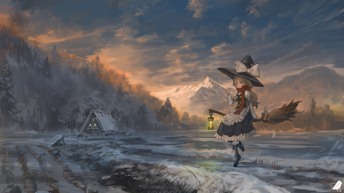 Anime Art. - Anime art, Not anime, Landscape, Winter, The mountains, Witches, Touhou, Kirisame marisa