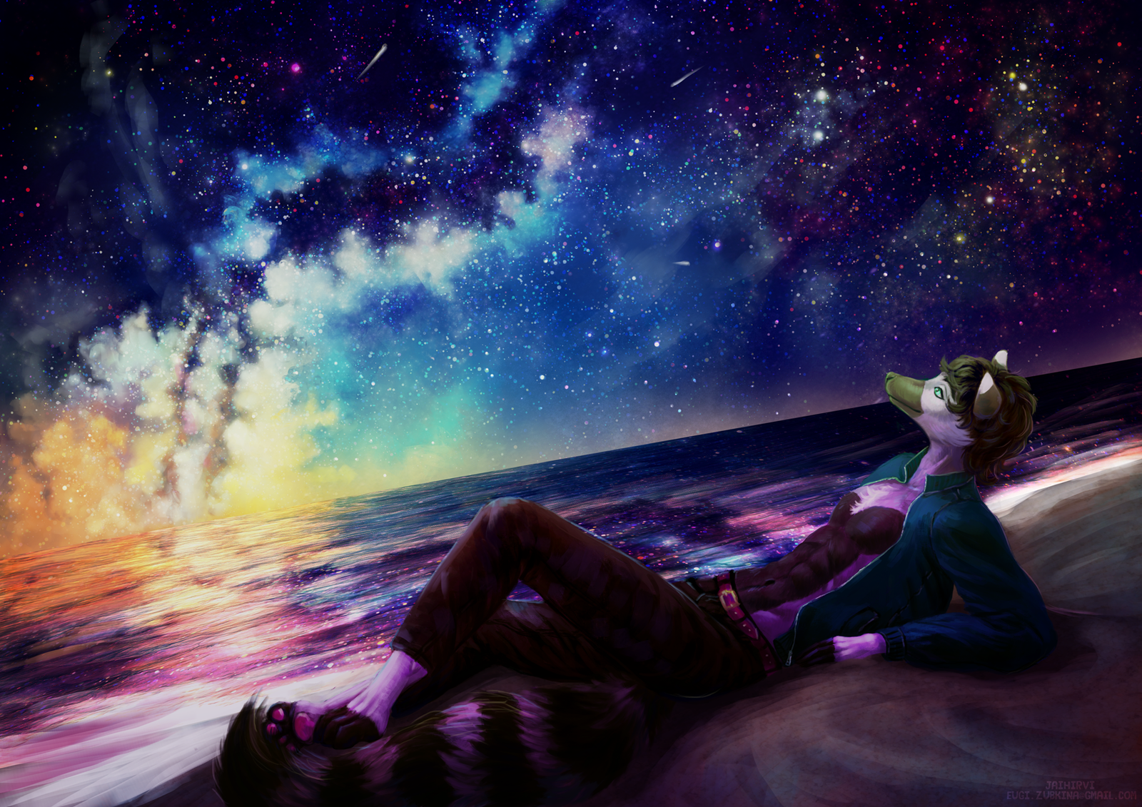 Night on the beach - My, Furry, Anthro, Jaihirvi, Drawing, Raccoon, Night, Sea